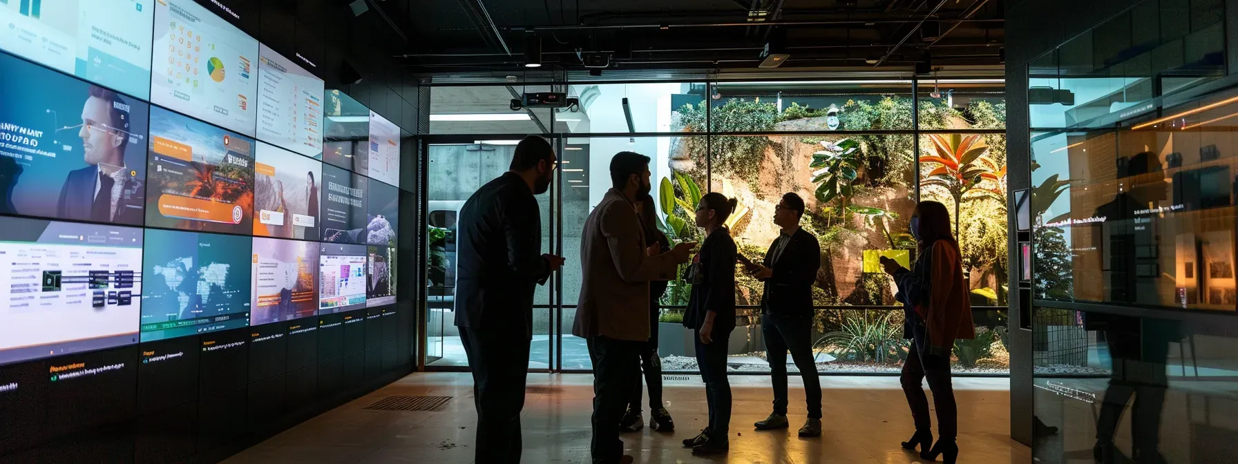 A group of individuals gathered in front of a large array of screens, engaged in observation and discussion.