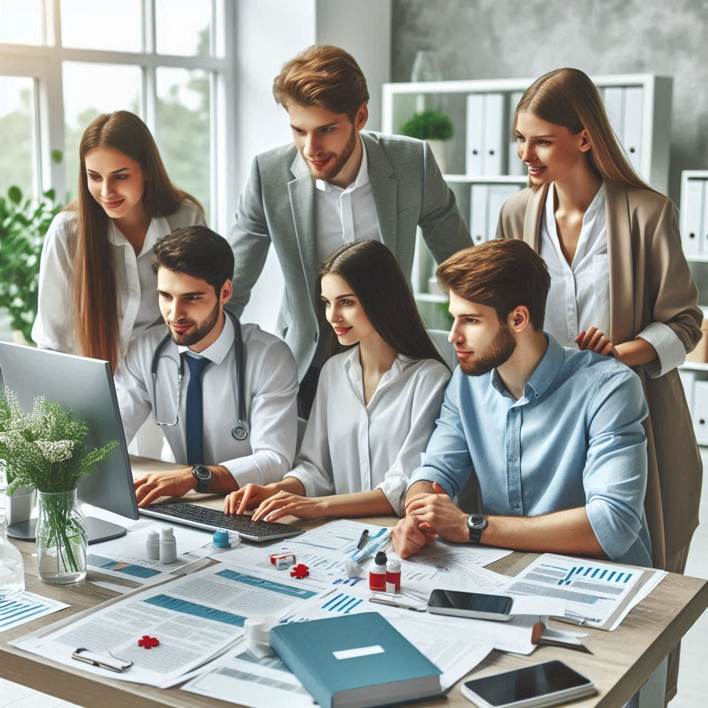 A diverse group of young professionals in business-casual attire are collaborating around a computer in a bright, modern healthcare office, surrounded by digital patient charts and coding books.