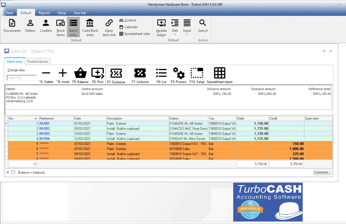 TurboCASH Accounting is a free SME Accounting package, General Ledger, Debtors, Creditors, and Stock Manager