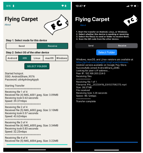 Flying Carpet: File transfer between Android, iOS, Linux, macOS, and Windows
